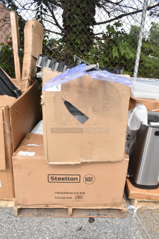 Steelton 522UIB1836 underbar ice bin in cardboard box, includes 8 items with bottle organizers. New scratch and dent condition.