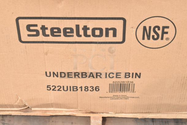 Steelton Underbar Ice Bin 522UIB1836 box. Includes 8 new Scratch and Dent items, NSF certified, 18"x36" dimensions.
