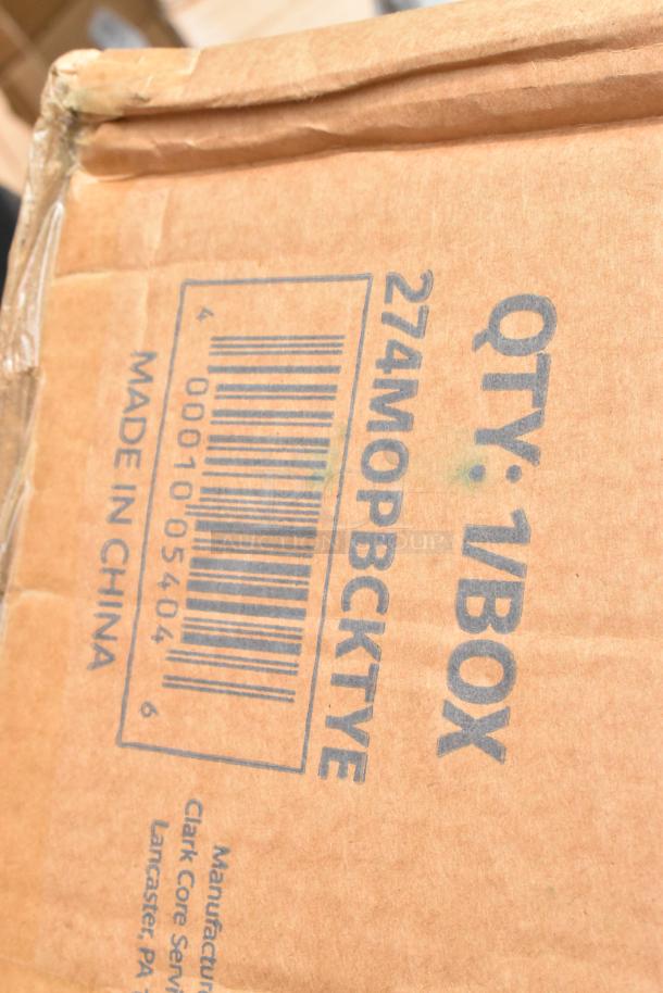 Cardboard box labeled "274MOPBCKTYE" with barcode; part of a 14-item bundle including Lavex mop bucket, sink, and more.