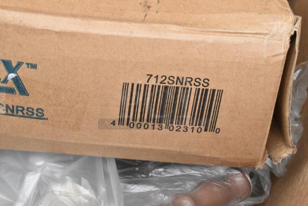 Lavex box with barcode and model number 712SNRSS, indicating a stainless steel wall mount sanitary napkin receptacle.