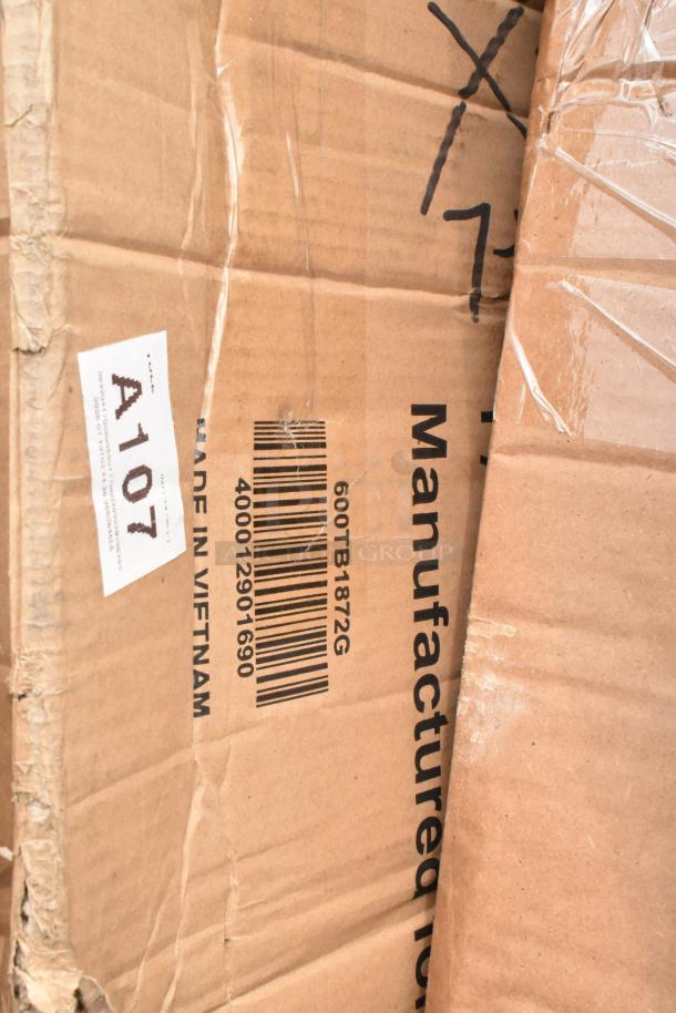 Cardboard box with label showing "600TB1872G" model, indicating contents of scratch and dent commercial kitchen items.