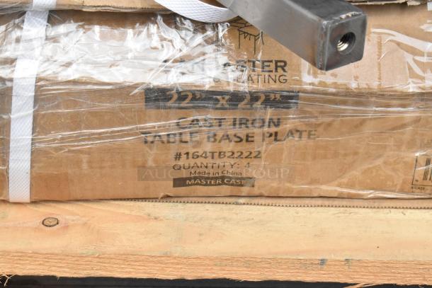 Cardboard box with text "22x22 Cast Iron Table Base Plate" and item number #164TB2222. Quantity: 4. Made in China.