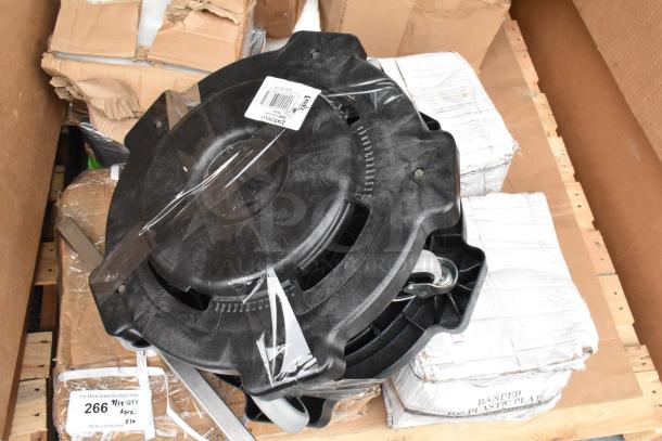 Box of assorted new items including plastic plates and a Lavex dolly. Box showing some wear. Auction label visible.