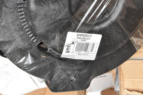 Lavex 274TCDOLLY Trash Can Dolly, Black, new condition. Label indicates item name and barcode. Made in the USA.