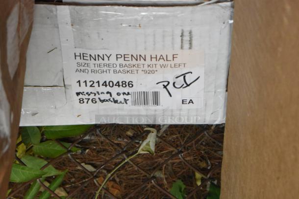Label on box showing Henny Penny Half Size Tiered Basket Kit, model 112140486, marked as missing one basket.