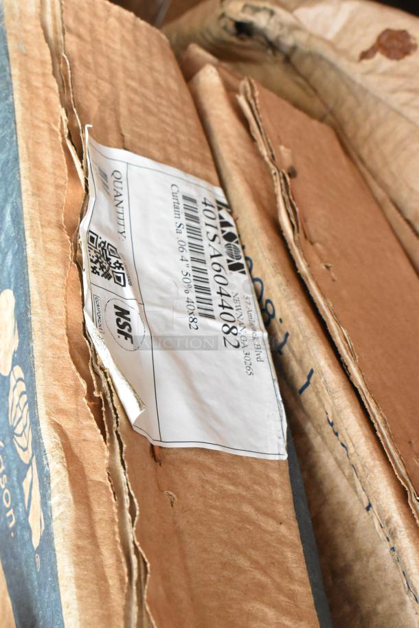 Alt text: "Kason 401 Easimount Strip Curtain Set label on cardboard box, showing NSF certification and item details."