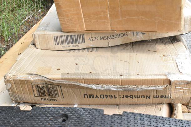 Lancaster Table & Seating items in damaged boxes, model 427CMSM30RDG gray table, and model 164DYMU table dolly.