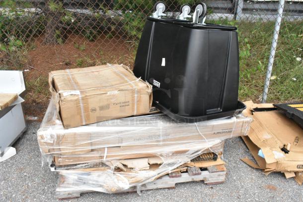 Five brand new scratch and dent items, including a Regency self-closing drawer, stainless steel work table, black epoxy shelf, pallets wrapped for auction.