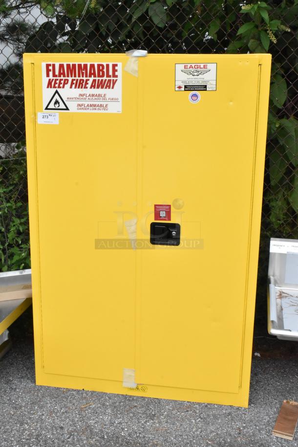 Brand new yellow metal 2-door cabinet with scratch and dent. Flammable warning, labeled "Eagle." Keep fire away sign.
