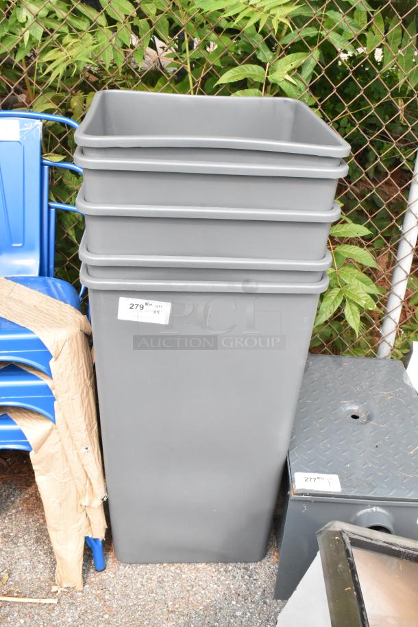 Stack of five brand new gray poly trash cans, labeled "Scratch and Dent," showing key features and condition.
