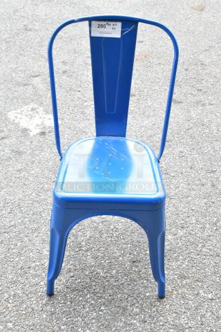 Blue Tolix style metal chair, new with minor scratches and dents. Label indicates set of 3.