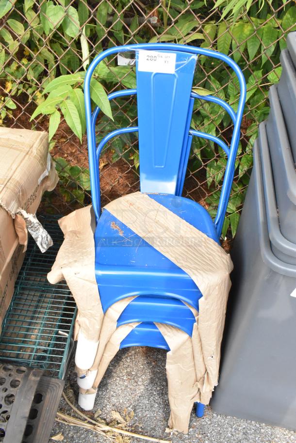 Blue metal Tolix-style chair, brand new with minor scratches and dents. Labeled with "280 Fits QTY X1."