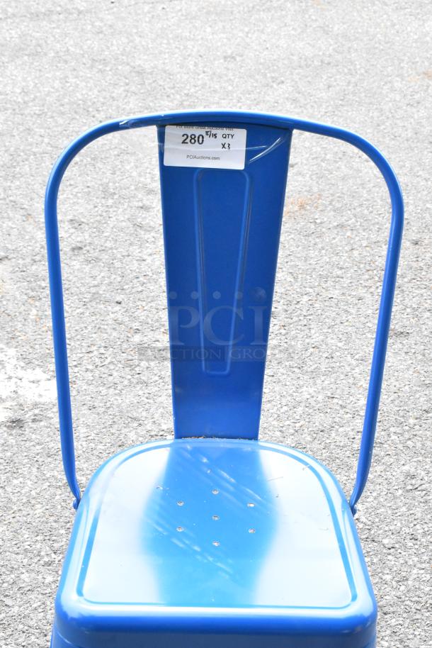 Blue metal Tolix-style chair in brand new condition with scratch and dent imperfections. Tag indicates auction lot 280, quantity 3.
