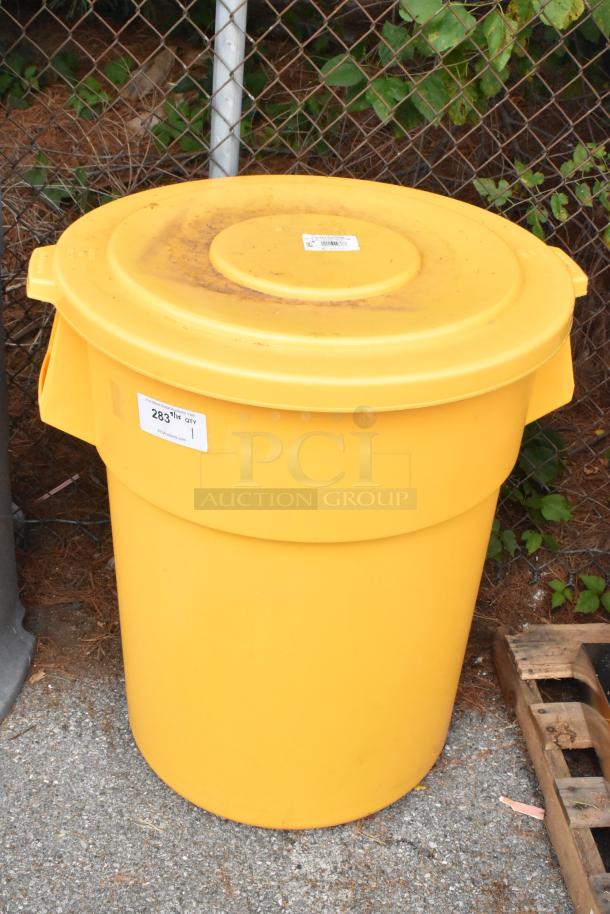 Brand new Lavex 55-gallon yellow commercial trash can with lid, minor scratches, visible label indicating model 475TCRND55YW.