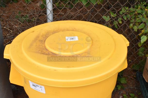 Brand new Lavex 55-gallon yellow trash can with lid; minor scratches; label visible; ideal for commercial use.