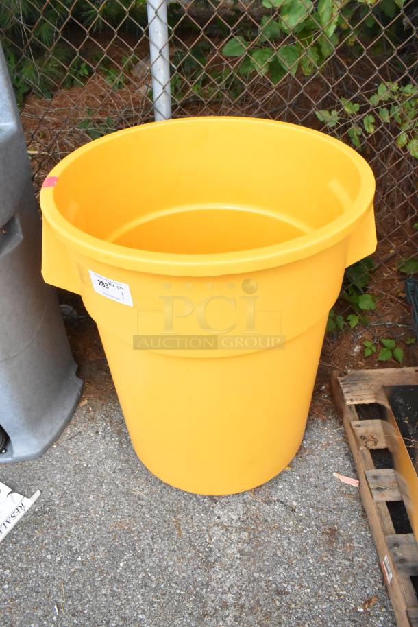 BRAND NEW Lavex 475TCRND55YW 55 Gallon Yellow Trash Can with visible scratches. Commercial use, round design.