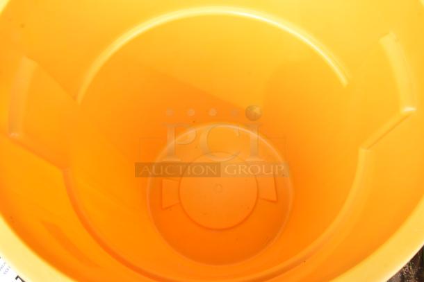 BRAND NEW Lavex 55 Gallon Yellow Round Trash Can, minor scratches, includes lid, durable commercial grade.