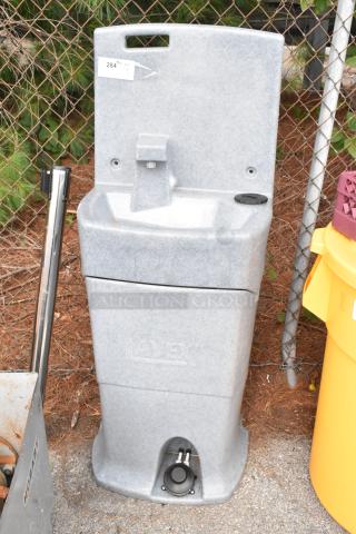 Brand new Lavex gray metal portable sink, scratch and dent model, with a sturdy design and visible brand logo.