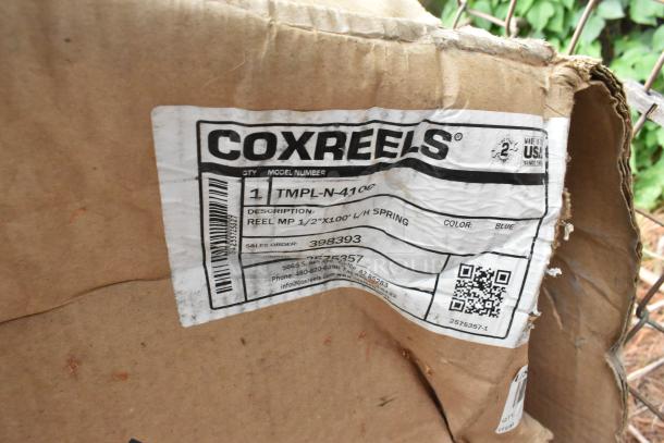 BRAND NEW Coxreels TMPL-N-4100, 100' x 1/2" stainless steel hose reel in original scratched and dented packaging. Model: TMPL-N-4100, Color: Blue. Made in USA.