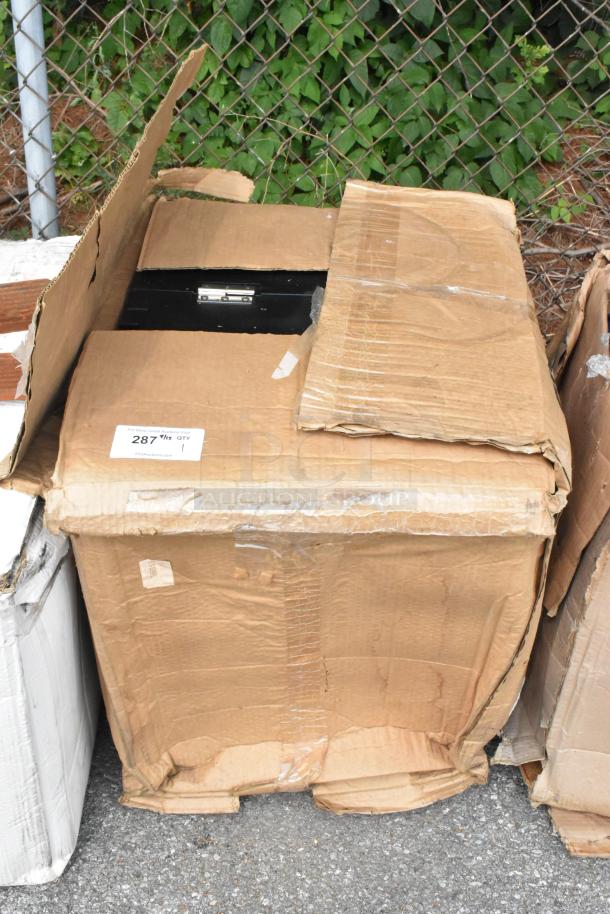 BRAND NEW CaterGator 125 lb. black mobile ice bin in a damaged box; lid slightly visible; labeled "287 QTY 1".