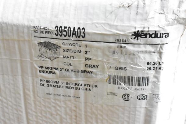 BRAND NEW Endura 3950A03 grease trap, 100 lb, 50 GPM, 3" hub, gray. Box shows part label and minor scratches.