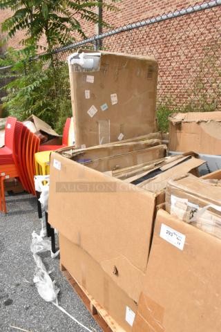Cardboard boxes containing 10 brand new scratch and dent items, including Lancaster Table & Seating blue quartz tables.