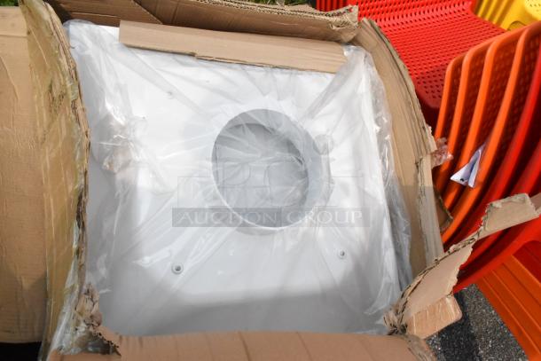 Boxed American Louver Company Stratus White Plaque Diffuser with 8" Neck, partially wrapped in plastic in open box.