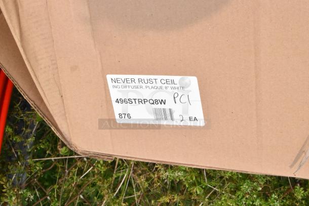Cardboard box with label reading "Never Rust Ceiling Diffuser, Plaque 8" White, 496STRPQ8W, 2 EA."