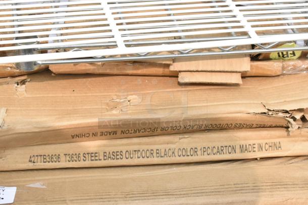 10 new items including Steelton 30"x60" stainless steel work table and Lancaster 36"x36" outdoor table base. Packaging labels visible.