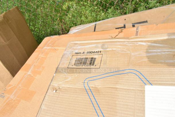 Cardboard box showing item #6904401, containing a Lavex 32" x 20.5" ergonomic platform truck, new condition.