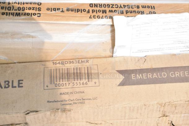 Box showing Lancaster Table & Seating label for 36" x 36" Emerald Green Outdoor Table, model 164RD363EMR, made in China.