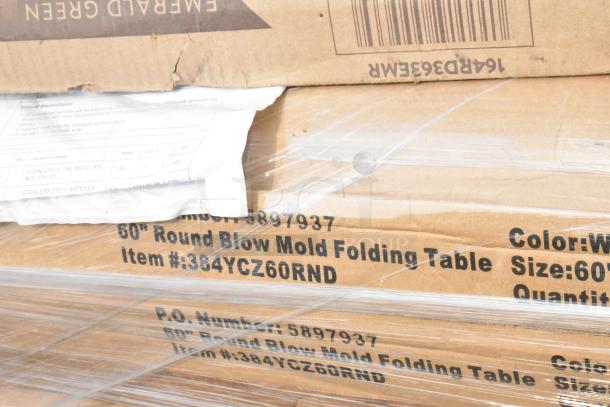 Boxes of brand new items including Lancaster 60" round folding tables, wrapped for auction. Markings: Item #384YCZ60RND.