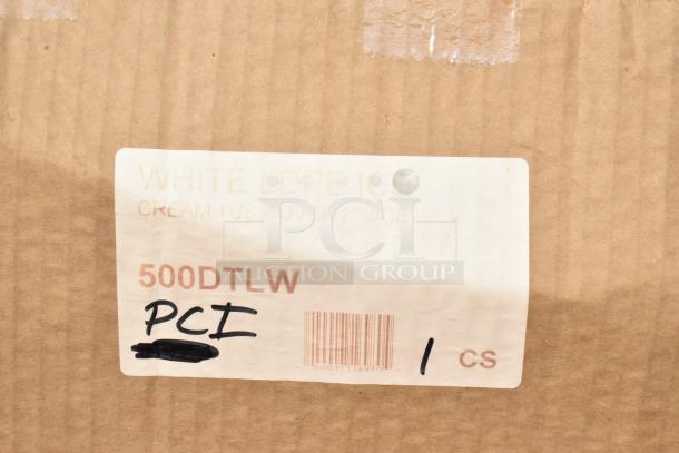 BRAND NEW 500DTLW Ropak White LDPE Ice Cream Tub Cover, 200 per case, box label showing item info.