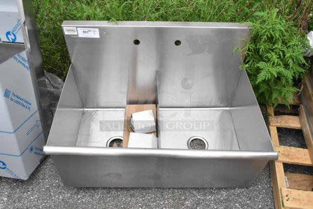 Brand new Steelton 522US21821 two-compartment utility sink, 18"x21"x14", stainless steel, for 8" center faucet, slight scratches.