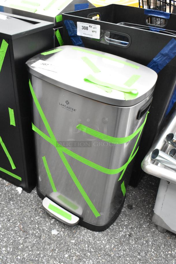 Brand new Lancaster Table & Seating chrome finish trash can, wrapped in green tape, labeled with "scratch and dent."