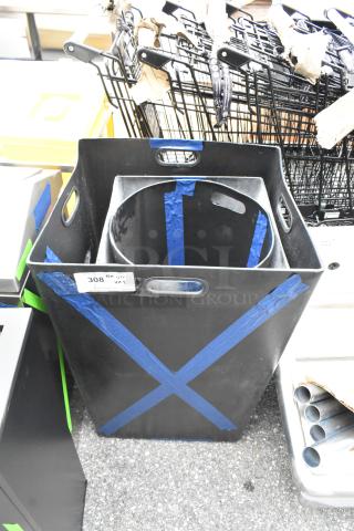 Three brand new scratch and dent trash cans with blue tape; labeled "308" for auction.
