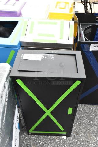 Black and chrome finish trash can, brand new, scratch and dent condition, green tape markings, auction item.