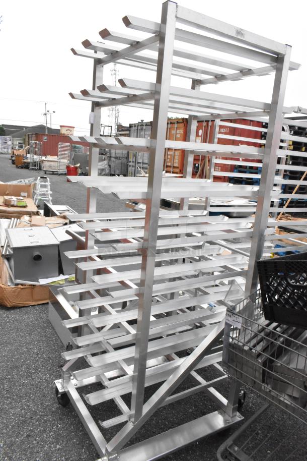 Metal commercial #10 can rack on commercial casters, multi-tiered, silver, durable metal construction, ideal for storage.