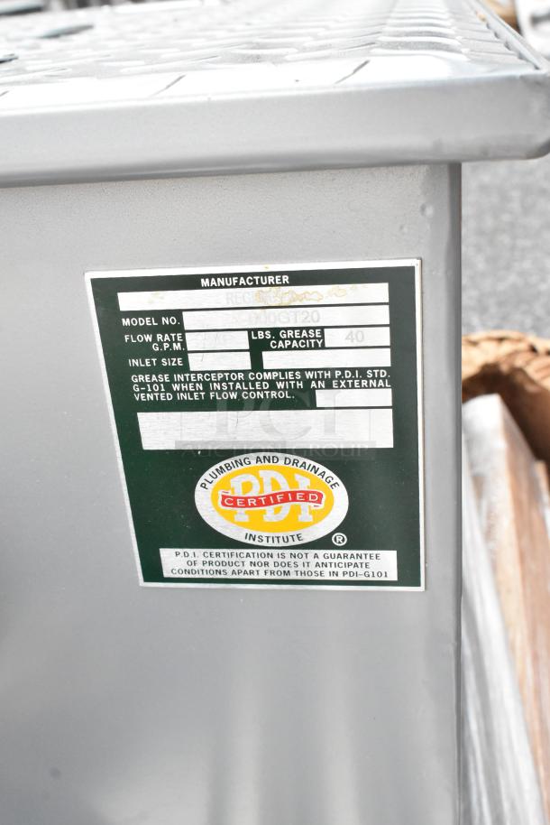 Regency 600GT20 Grease Trap, 40 lb. capacity, 20 GPM, non-threaded connections, PDI certified label visible. Brand new.