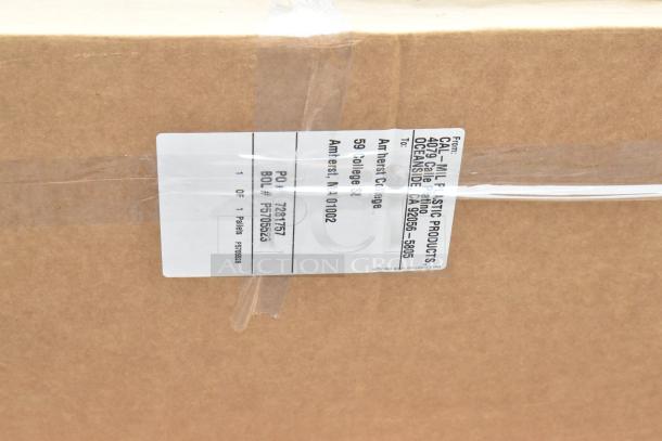 Cardboard box with shipping label from Cal-Mil Plastic Products to Amherst College. Includes bakery display case and waffle cone maker.