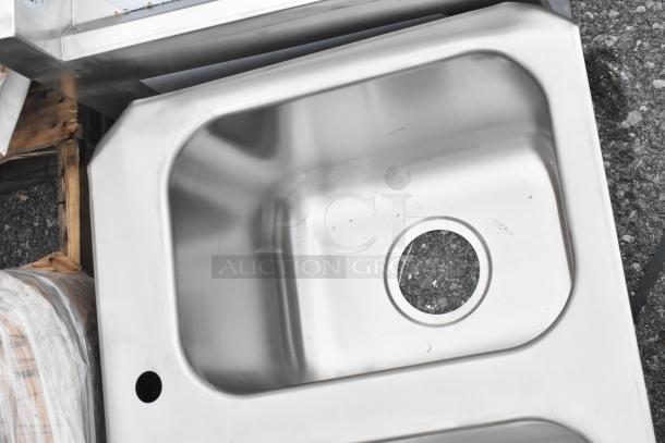 Stainless steel 3 bay drop-in sink, brand new, scratch and dent condition, visible minor surface blemishes.