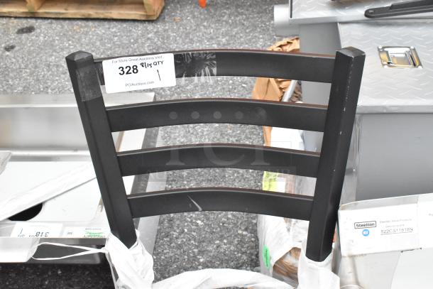 Black metal ladder back dining chair frame, brand new, minor scratches visible. Auction tag: Lot 328, Qty 1.
