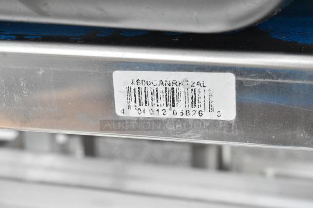 Metal Commercial #10 Can Rack on casters with visible barcode label "4600CANRK724L". Sturdy metal construction.
