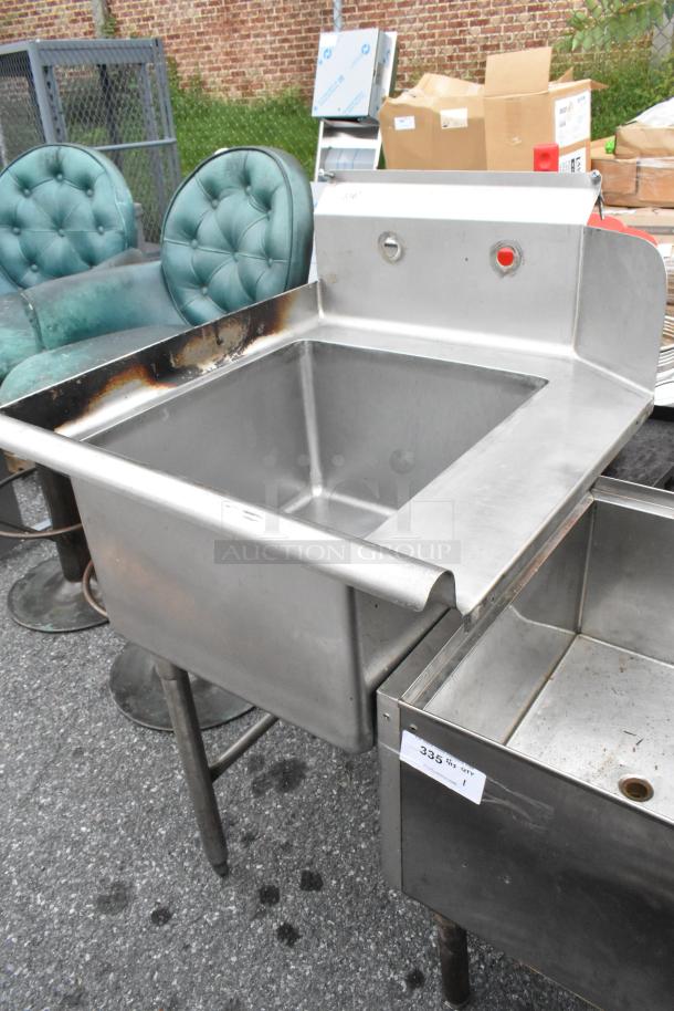Stainless steel left side dirty side dishwasher table with integrated sink, sturdy legs, visible rust spots, and numbered tag.