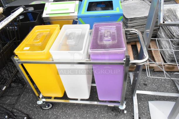 Three poly ingredient bins in yellow, white, and purple on a metal wheeled frame, shown outdoors.