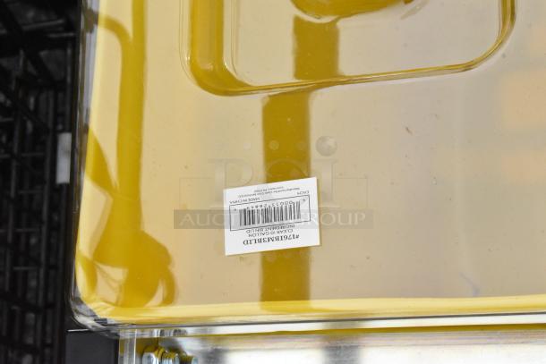 Two white poly dough bins with dolly and three poly ingredient bins in frame. Label shows "7 Gallon Ingredient Bin LID."