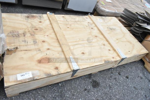 Brand new Hussmann 0522314 door, sealed in wooden crate, visible label indicating item number and quantity.