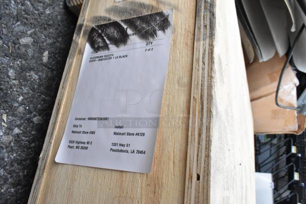 BRAND NEW IN CRATE! Hussmann 0522314 Door, Innovator 1 LH Black. Shipping label visible; ready for Walmart store installation.