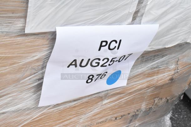 Pallet wrapped with items, paper label shows "PCI AUG25-07 876" with a blue dot, indicating identification.