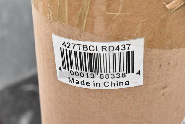 Barcode label on Lancaster Table & Seating Excalibur outdoor table base column, model 427TBCLRD437, made in China.